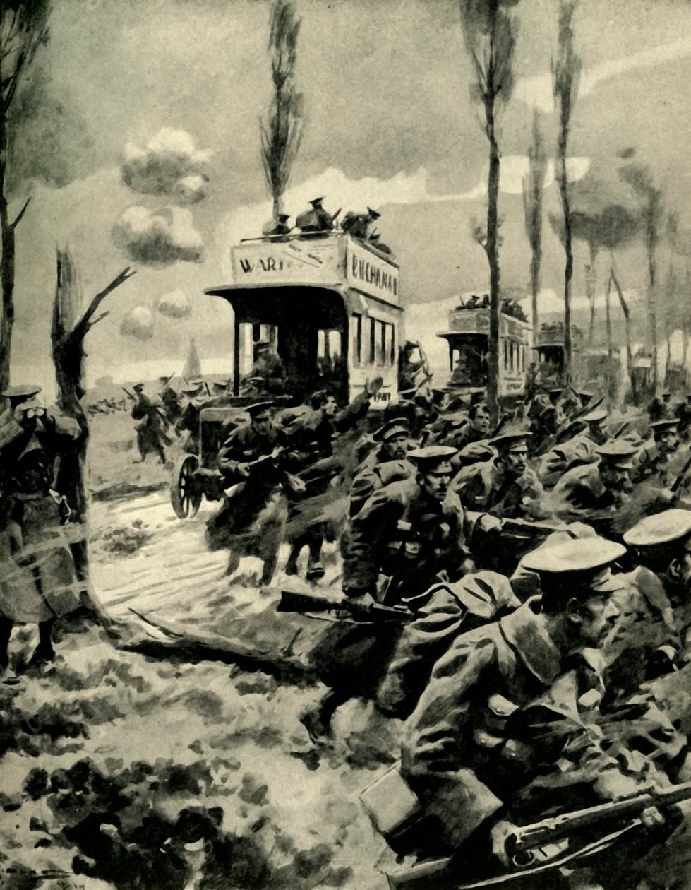 London buses used to transport troops to the front, First World War, 1914-1918, c1920 by Arthur C. Michael