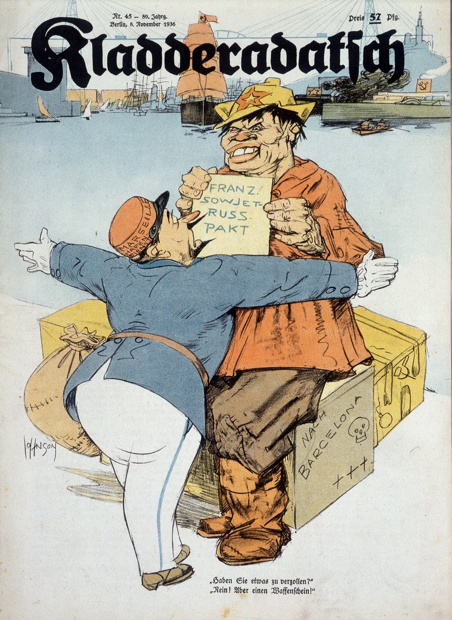 German cartoon on the Franco-Soviet agreements (French customs officer and Russian sailor: 