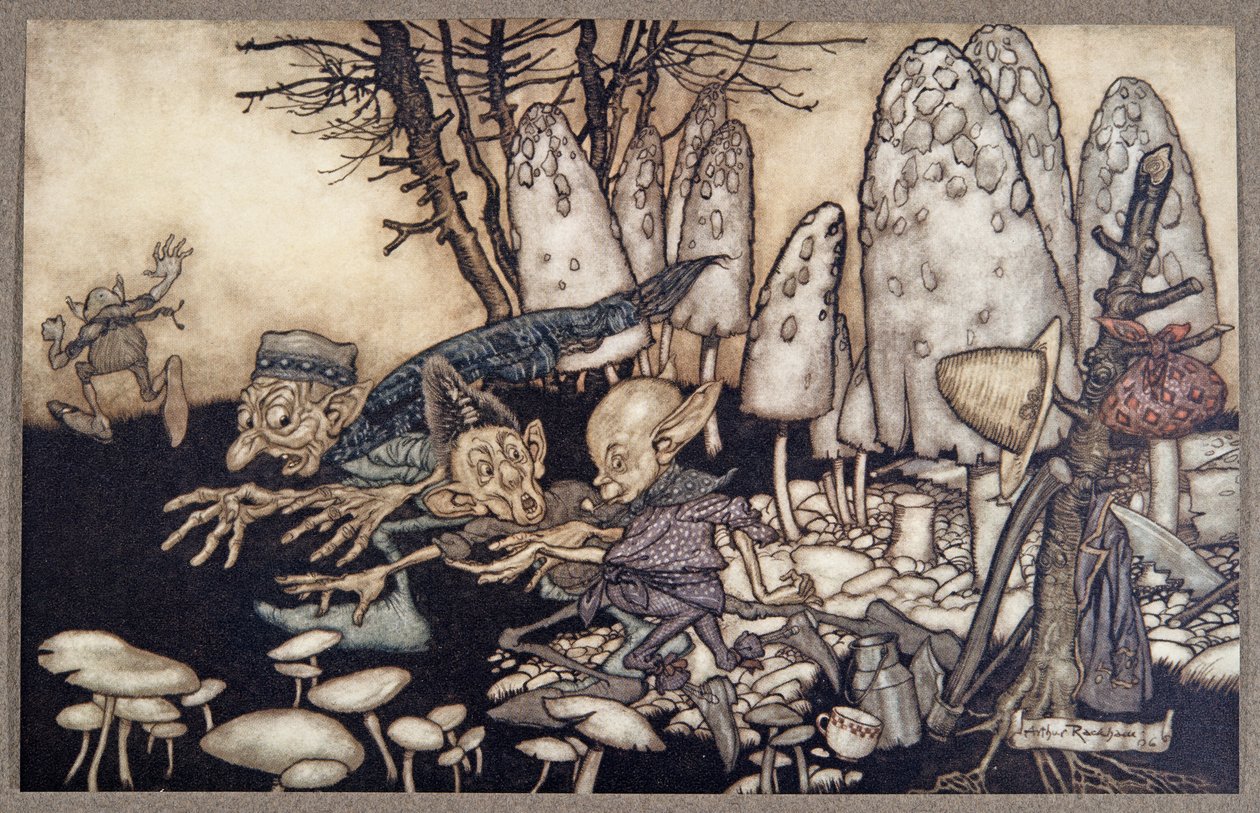 A band of workmen who were sawing down a toadstool rushed away leaving their tools behind them, from Peter Pan in Kensington Gardens by J.M. Barrie, pub. 1906 by Arthur Rackham
