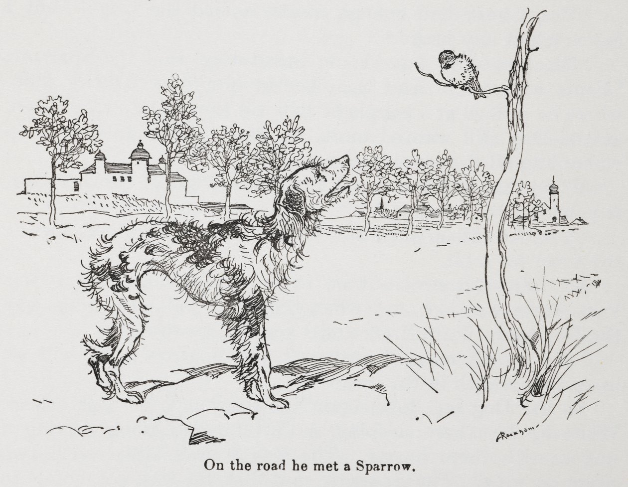 A dog and a sparrow by Arthur Rackham
