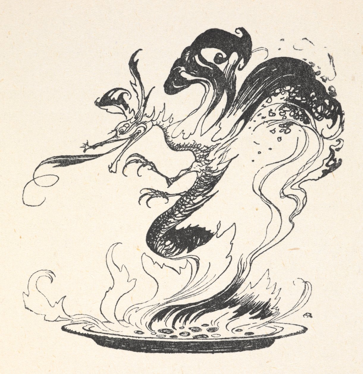 A dragon emerging from a plate of burning money by Arthur Rackham