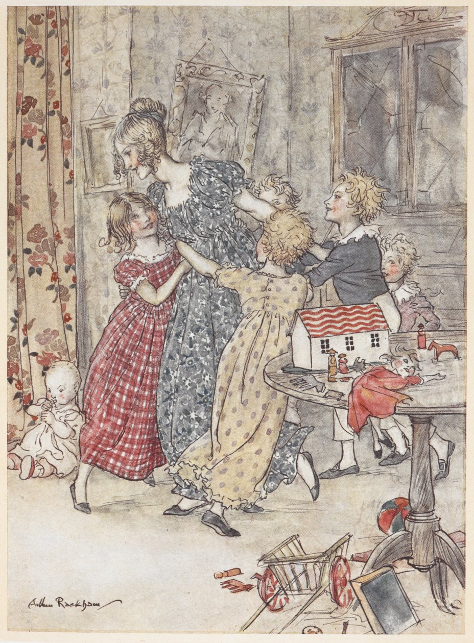A young woman and children dancing around a playroom full of toys by Arthur Rackham