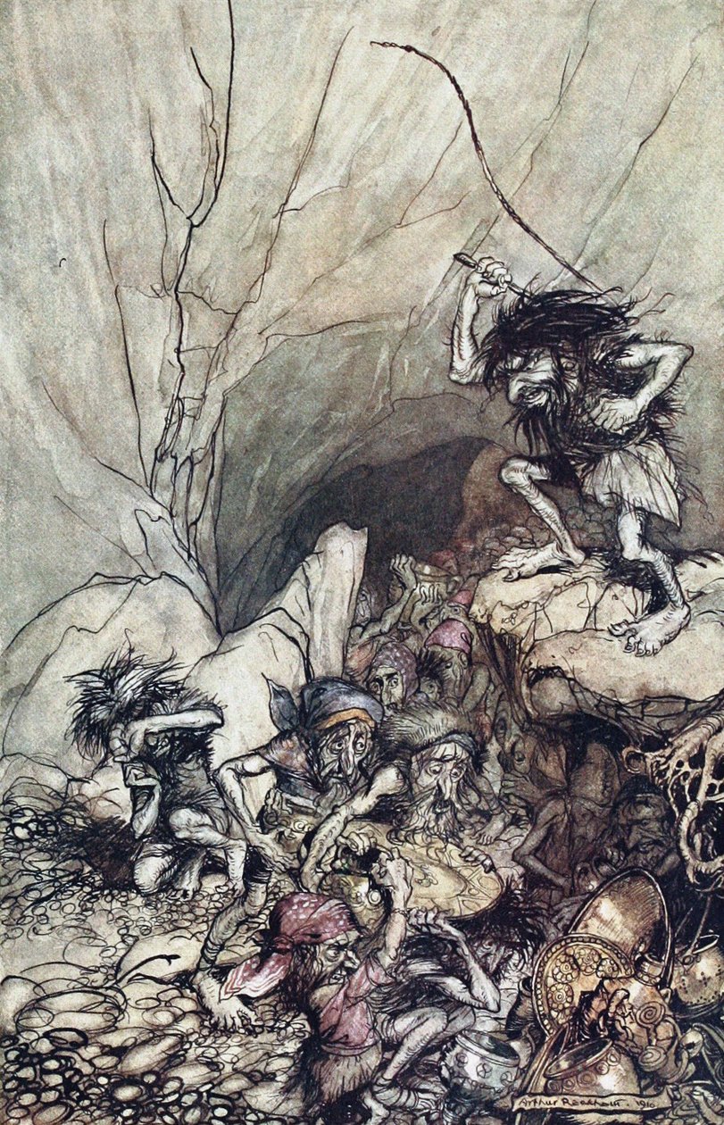 Alberich Drives in a Band of Niblungs Laden with Gold and Silver Treasure. Illustration for The Rhinegold by Arthur Rackham