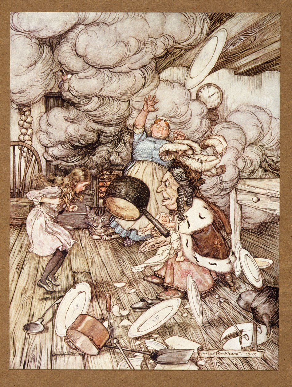 An unusually large saucepan flew close by it, and very nearly carried it off, from Alice