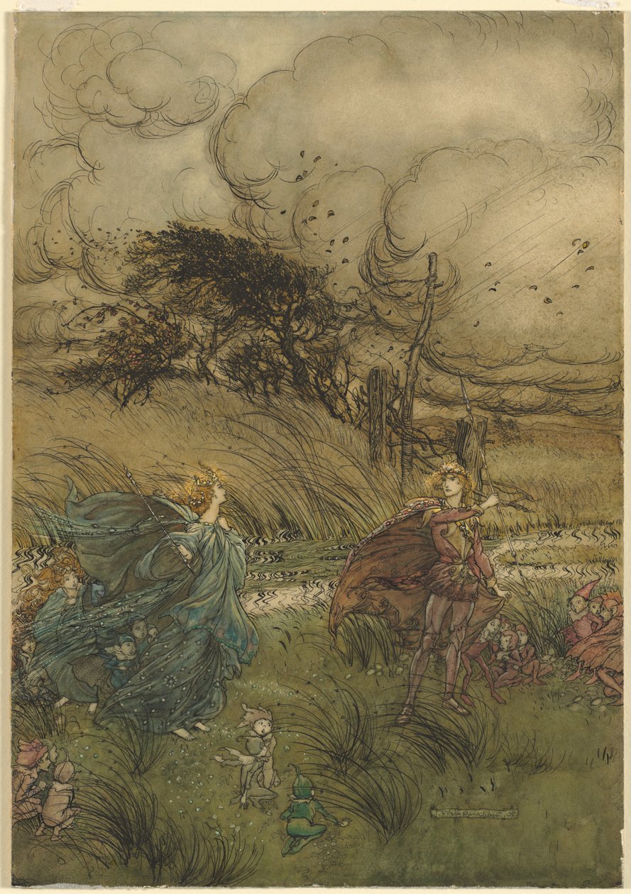 "And now they never meet in grove or green," from act 2, scene 1 of A Midsummer Night’s Dream by William Shakespeare by Arthur Rackham