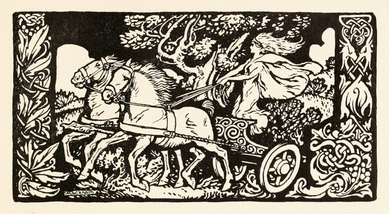 Becfola in her chariot from The Wooing of Becfola in Irish Fairy Tales by Arthur Rackham