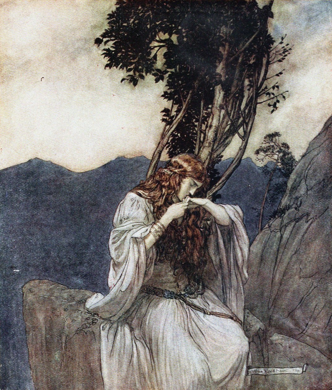 Brünnhilde Kisses the Ring that Siegfried has Left with Her. Illustration for Siegfried and The Twilight of the Gods by Arthur Rackham