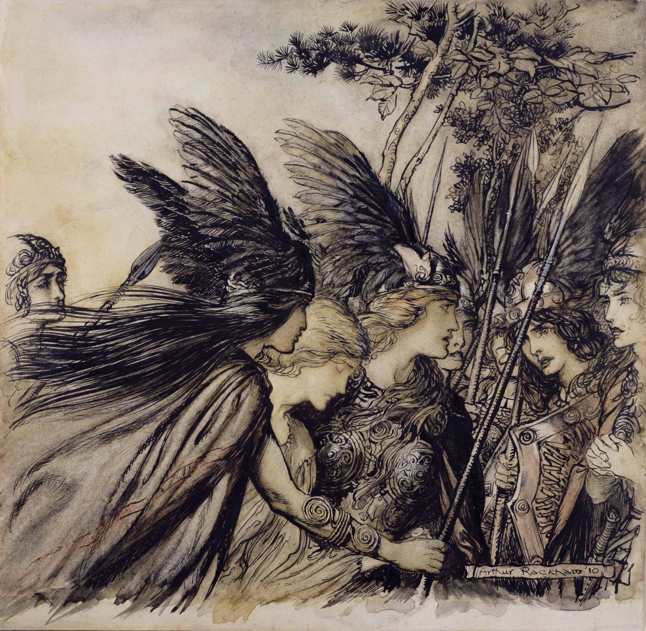 Brunnhilde Implores the Valkyries, illustration from The Rhinegold and the Valkyrie, by Richard Wagner, edition published 1910 by Arthur Rackham