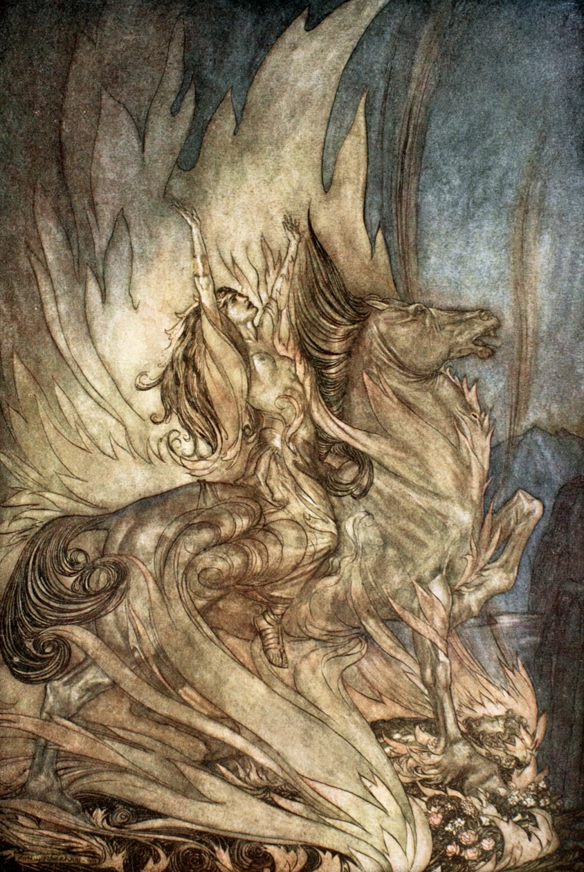 Brunnhilde on Grane leaps on to the funeral pyre of Siegfried, 1924 by Arthur Rackham