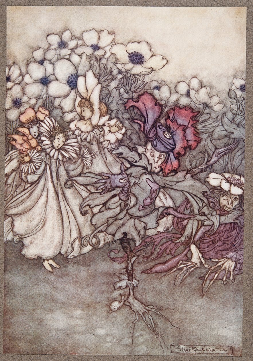 But if you look, and they fear there is no time to hide, they stand quite still pretending to be flowers, from Peter Pan in Kensington Gardens by J.M. Barrie, pub. 1906 by Arthur Rackham
