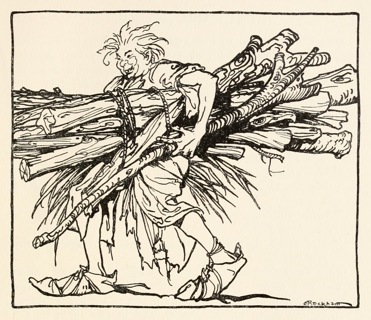 Carl building a shelter for the night, from The Carl of the Drab Coat in Irish Fairy Tales by Arthur Rackham