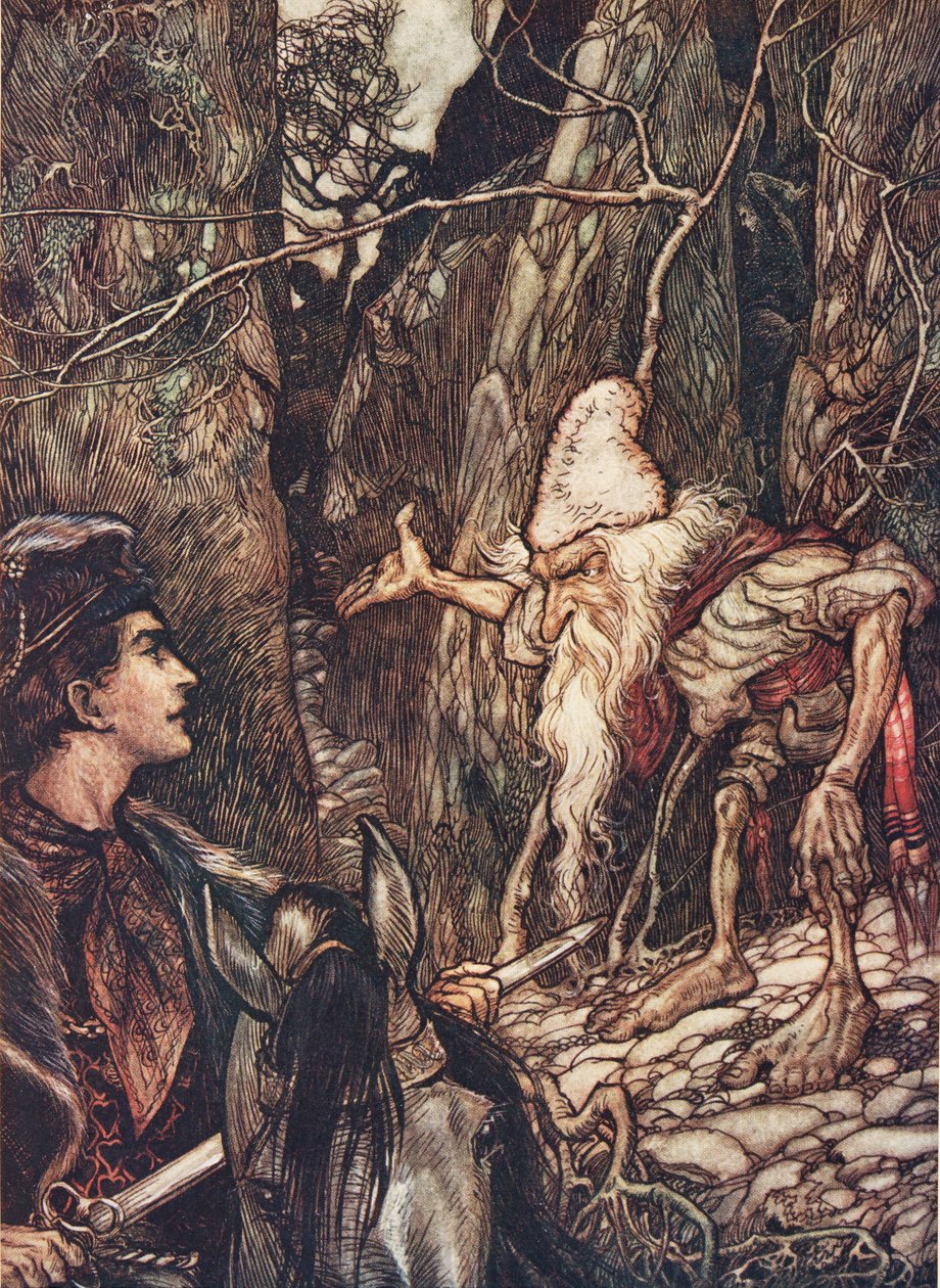 Good Dwarf, can you not tell me where my brothers are? by Arthur Rackham