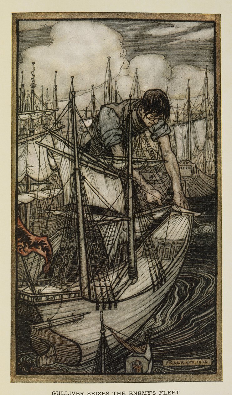 Gulliver Captures Enemy Fleet, Illustration from Gulliver's Travels by ...