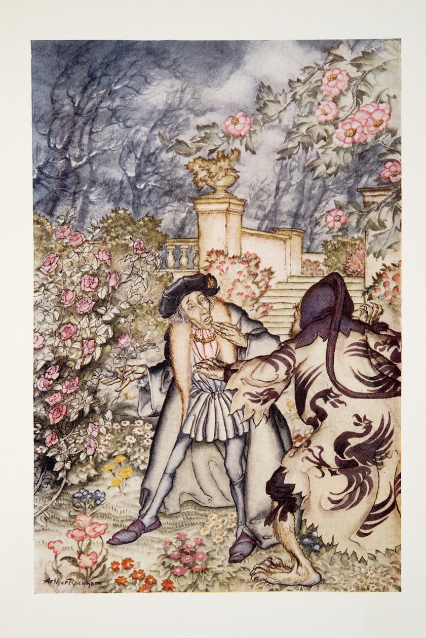 He heard a loud noise, and saw coming towards him a beast, so frightful to look at that he was ready to faint with fear, from The Arthur Rackham Fairy Book by Arthur Rackham