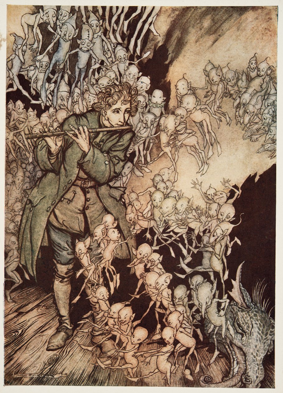 He Played Until the Room Was Entirely Filled with Gnomes, from Little Brother & Little Sister and Other Tales by the Brothers Grimm, pub. 1917 by Arthur Rackham