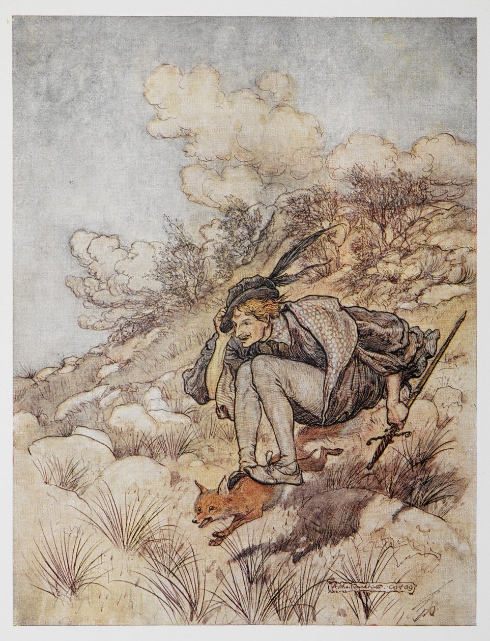 Illustration from The Golden Bird. A prince riding on a fox by Arthur Rackham
