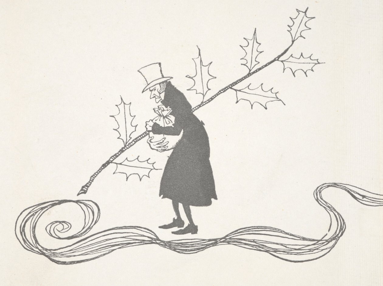 Illustration of Scrooge, depicted by a sprig of holly, clutching a bag of money and looking angry by Arthur Rackham