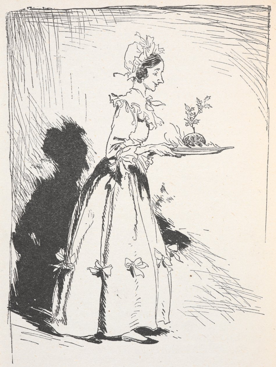Illustration of a woman carrying a Christmas pudding by Arthur Rackham