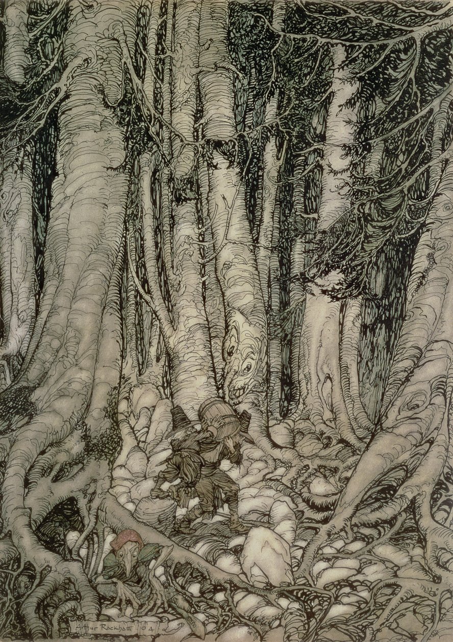 In the Forest with a Barrel from Rip Van Winkle written by Washington Irving by Arthur Rackham