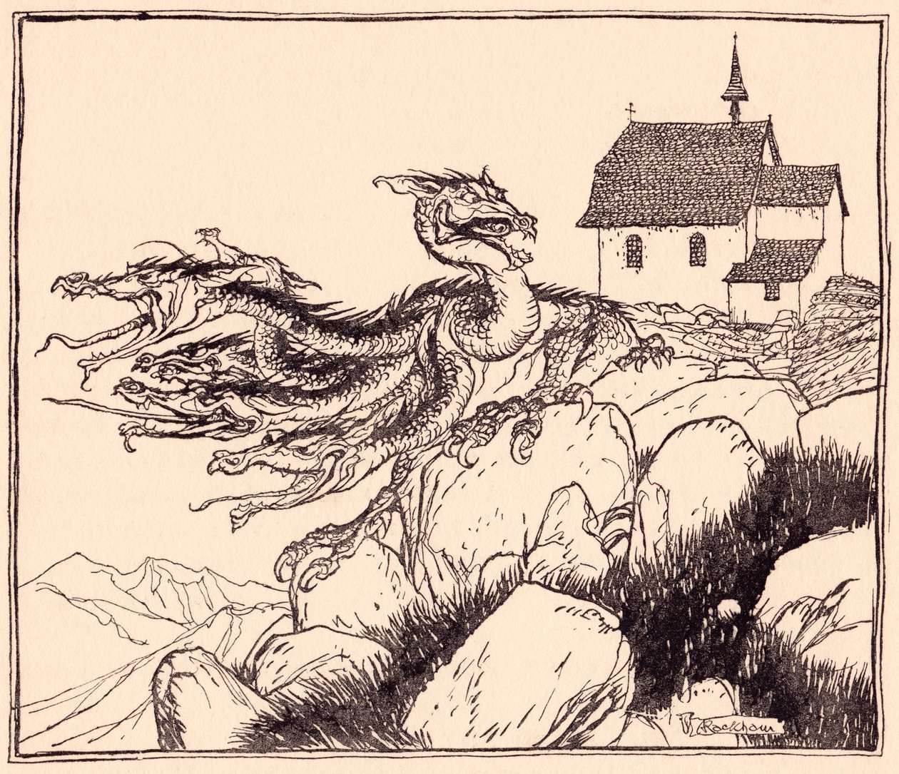 It was not long before the seven headed dragon came, loudly roaring. Illustration by Arthur Rackham from Grimm