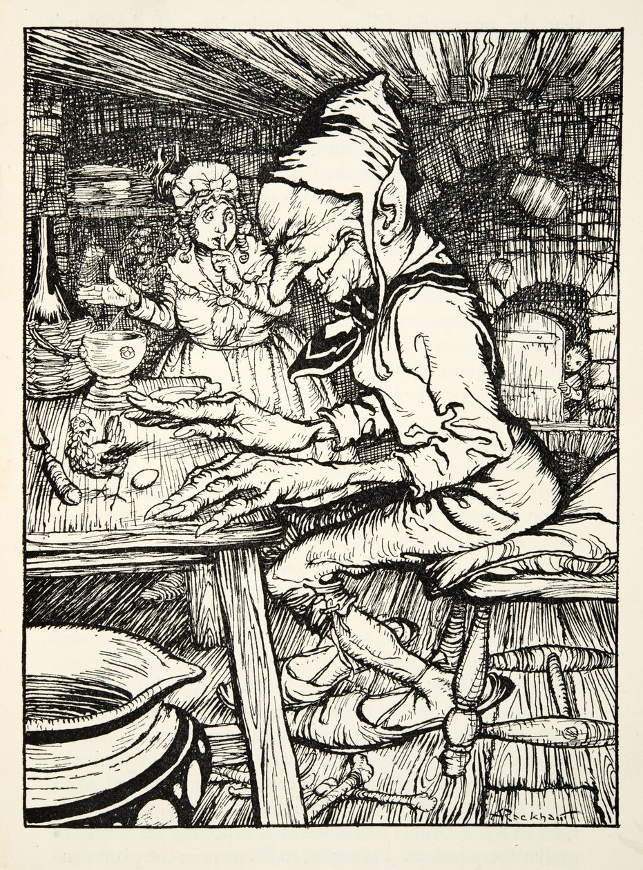 Lay!, roared the giant and then the hen laid immediately an egg of solid gold, from The Arthur Rackham Fairy Book by Arthur Rackham