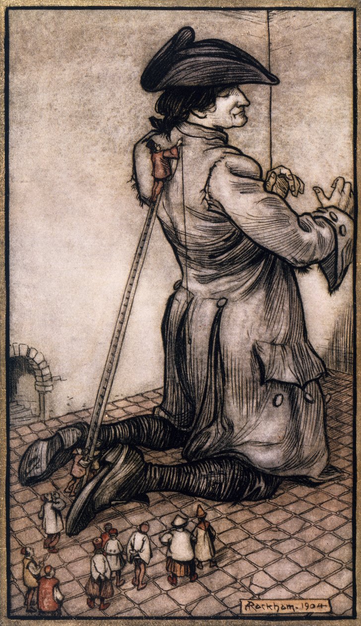 Lilliputian Tailors Measuring Gulliver to Make Him New Suit, Illustration by Arthur Rackham from Gulliver