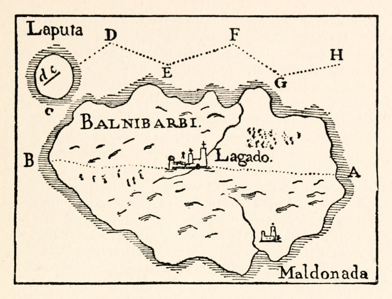 Map of Laputa (flying island top right) and Balnibarbii (main port Maldonada) from Part III: A Voyage to Laputa, Balnibarbi, Luggnagg, Glubbdubdrib, and Japan in Gulliver