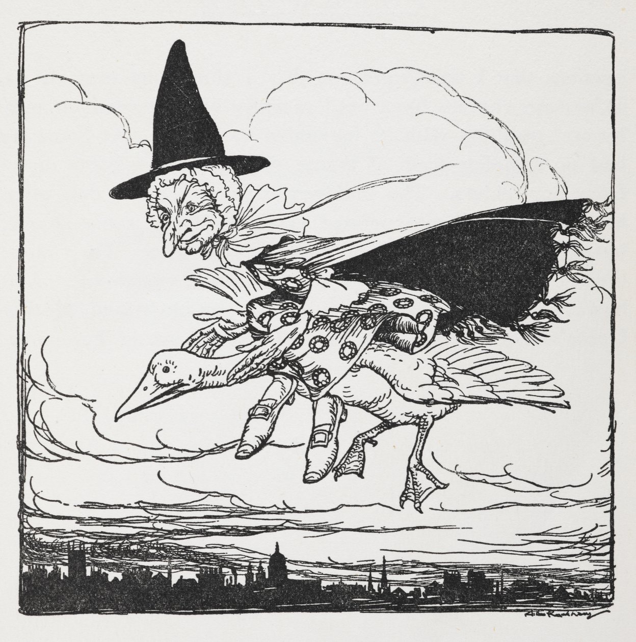Mother Goose flying on a goose by Arthur Rackham