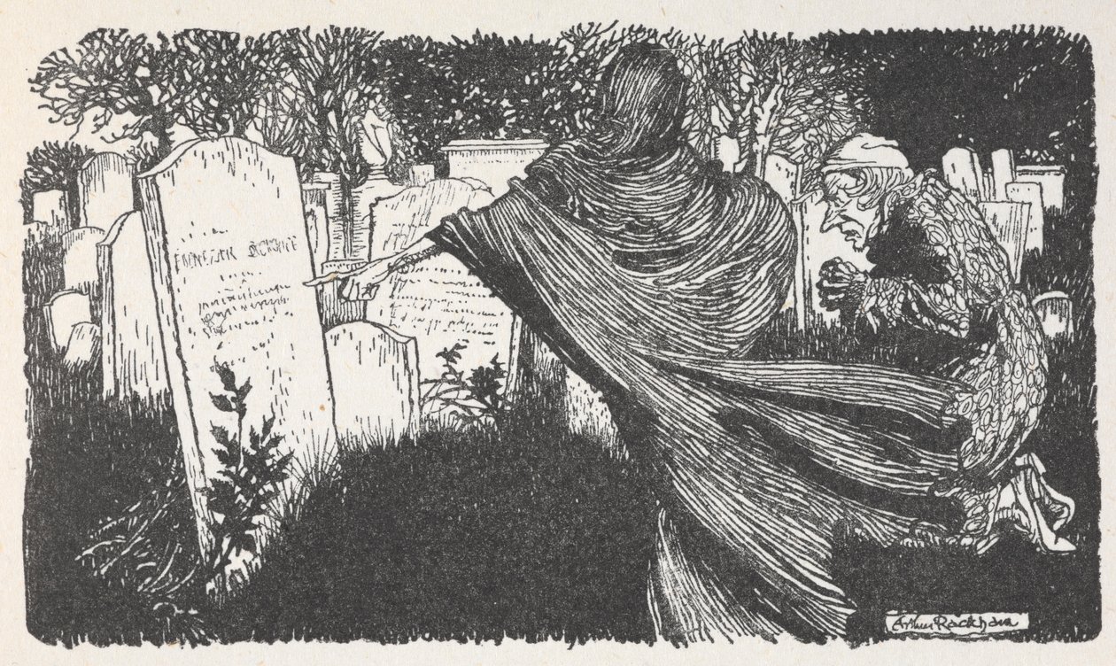 Scrooge and a ghost in a graveyard at night by Arthur Rackham
