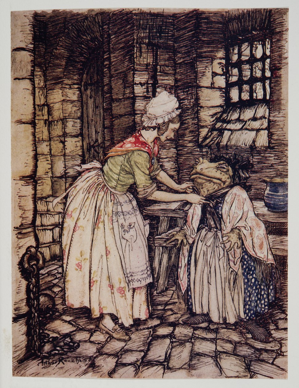 She arranged the shawl with a professional fold, and tied the strings of the rusty bonnet under his chin, from Wind in the Willows by Kenneth Grahame, pub. 1940 by Arthur Rackham