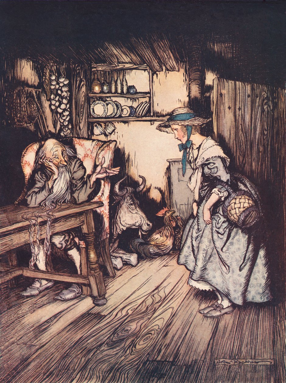 She begged quite prettily to be allowed to spend the night there. Illustration by Arthur Rackham from Grimm