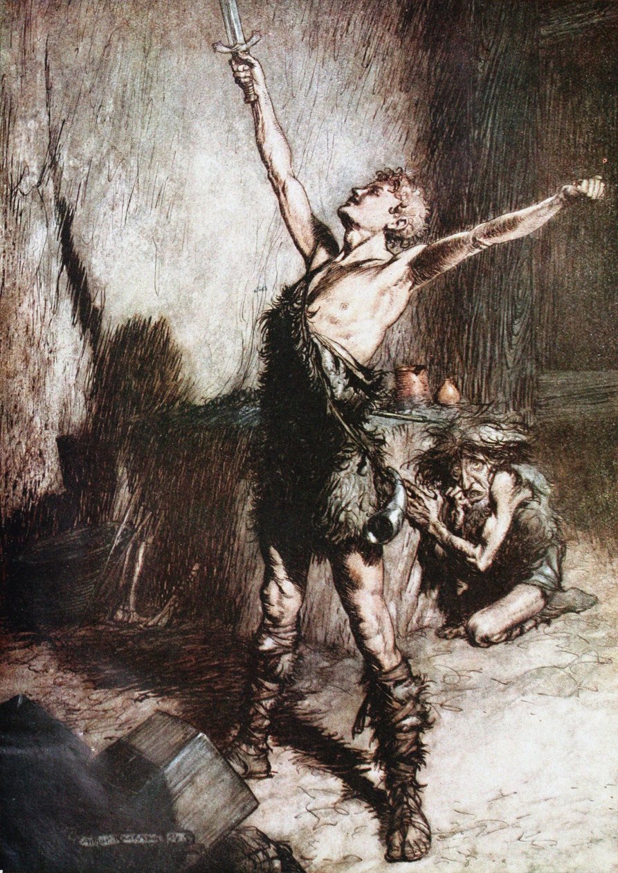 Siegfried Forges His Sword. Illustration for Siegfried and The Twilight of the Gods by Richard Wagner by Arthur Rackham
