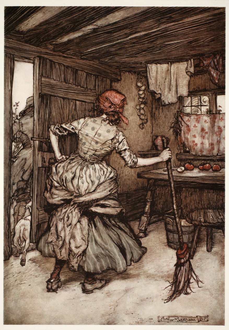 So that he was fain to draw off his forces and take to the outside of the house-the only side which, in truth, belongs to the hen-pecked husband., from Rip Van Winkle by Washington Irving, pub. 1910 by Arthur Rackham