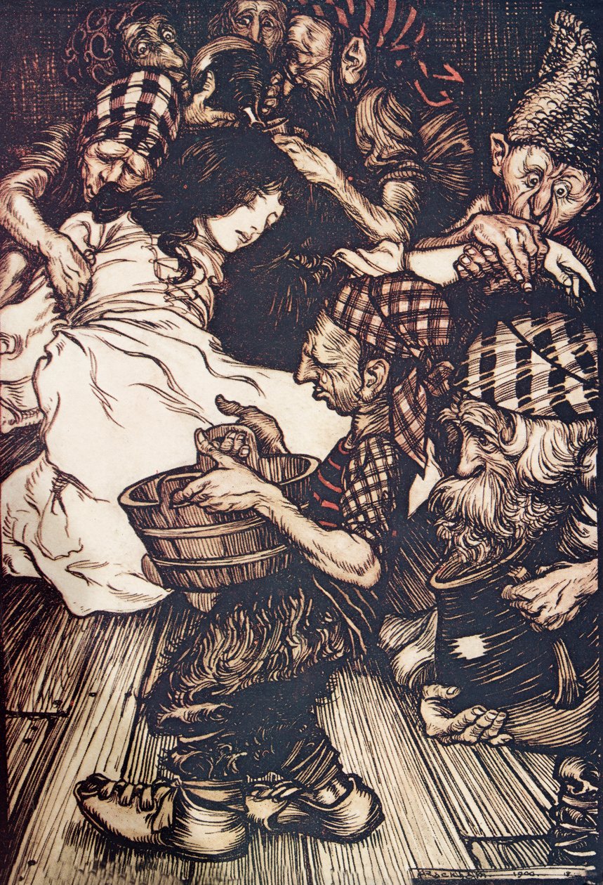 The Dwarfs, when they came in the evening found Snowdrop lying on the ground by Arthur Rackham