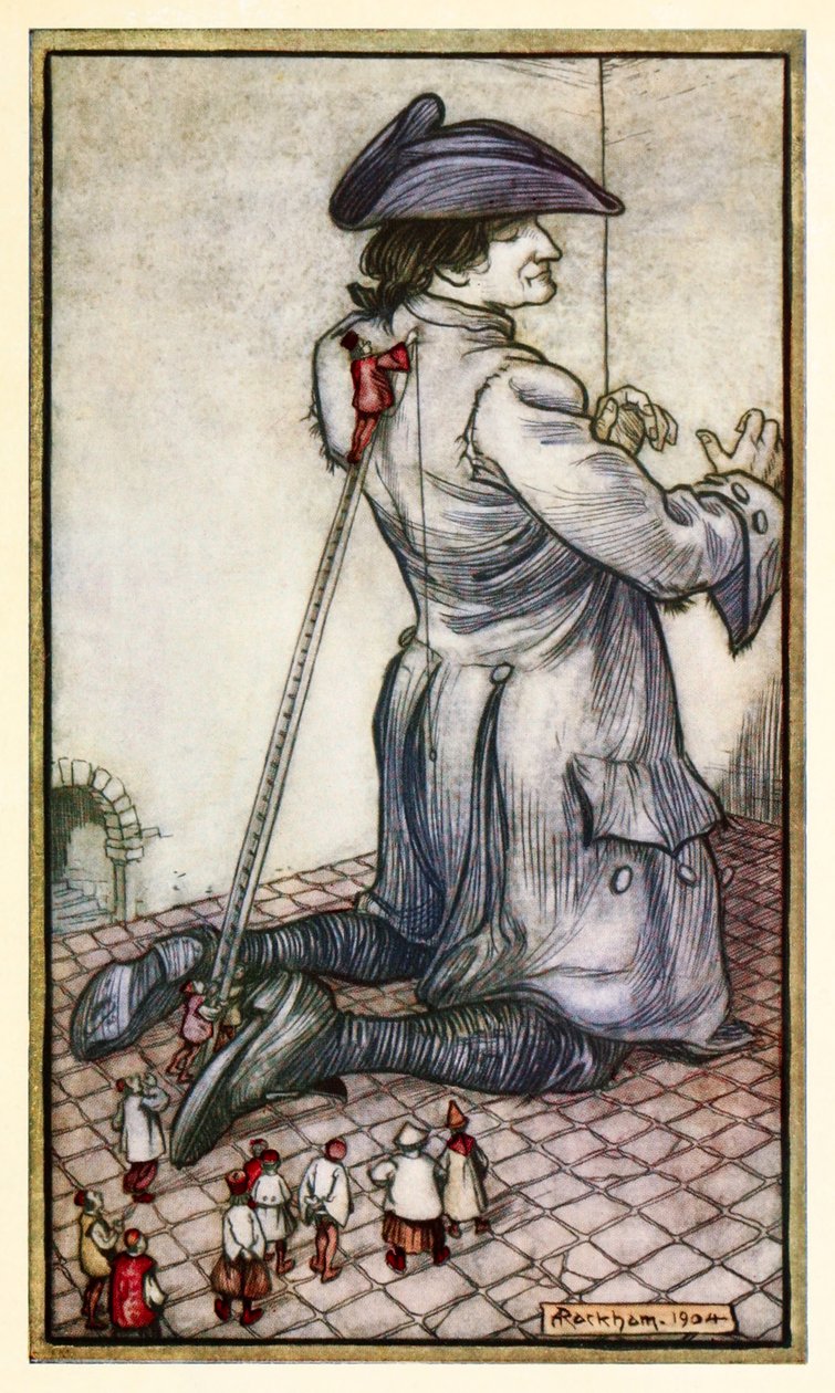 The Lilliputian tailors measure Gulliver for a new suit of clothes from