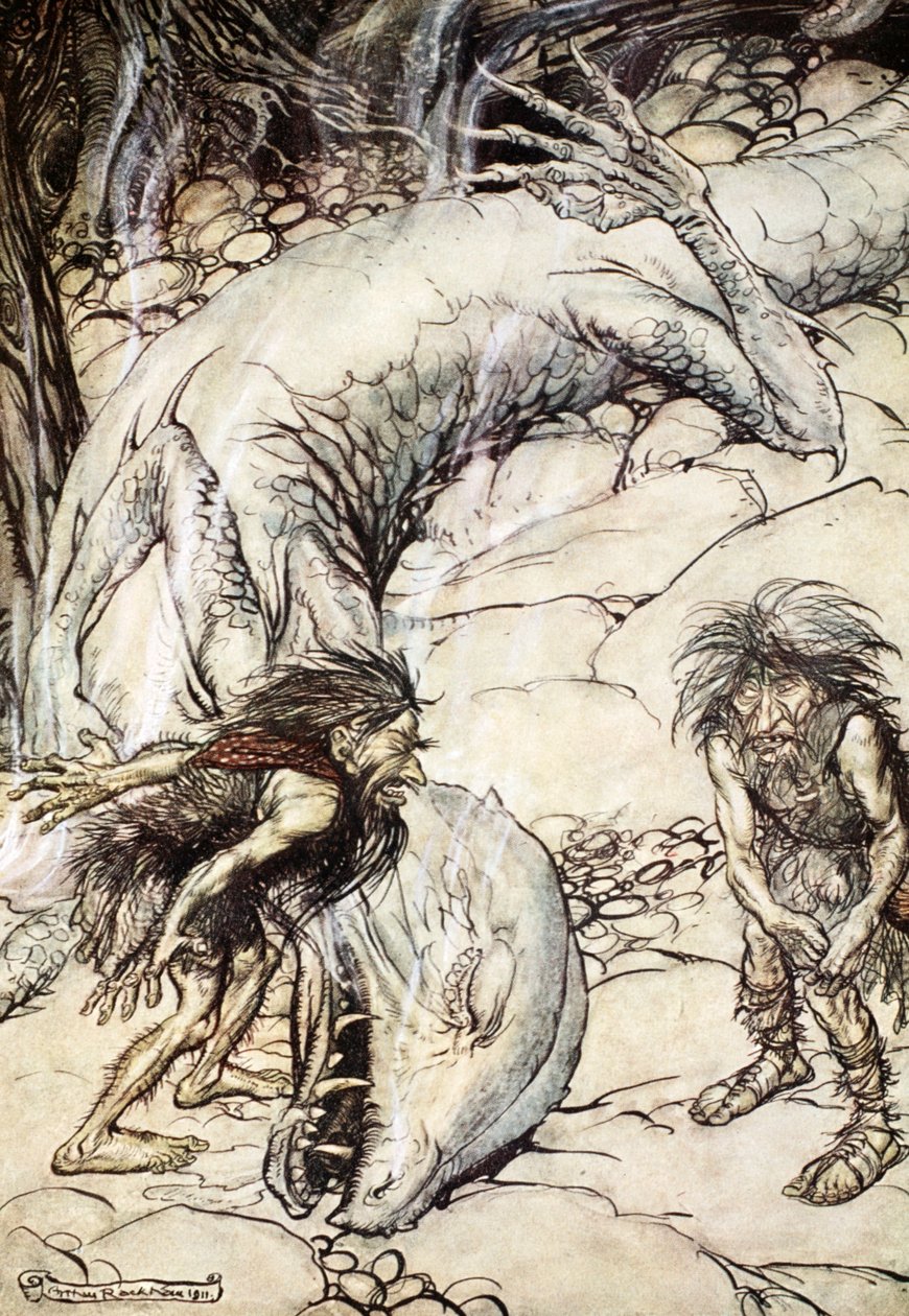 The dwarves quarrelling over the body of Fafner, 1924 by Arthur Rackham