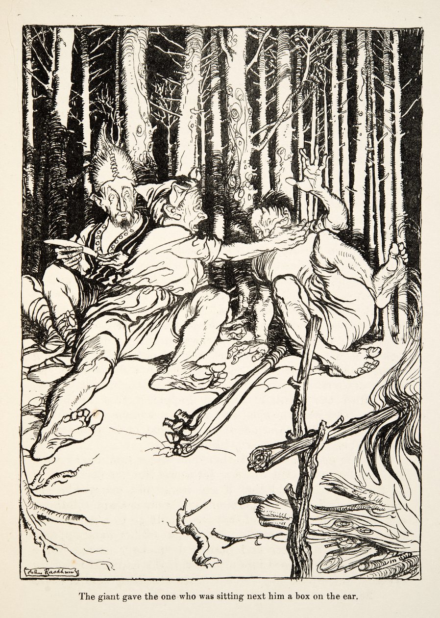The giant gave the one who was sitting next to him a box on the ear, from Little Brother & Little Sister and Other Tales by the Brothers Grimm, pub.1917 by Arthur Rackham