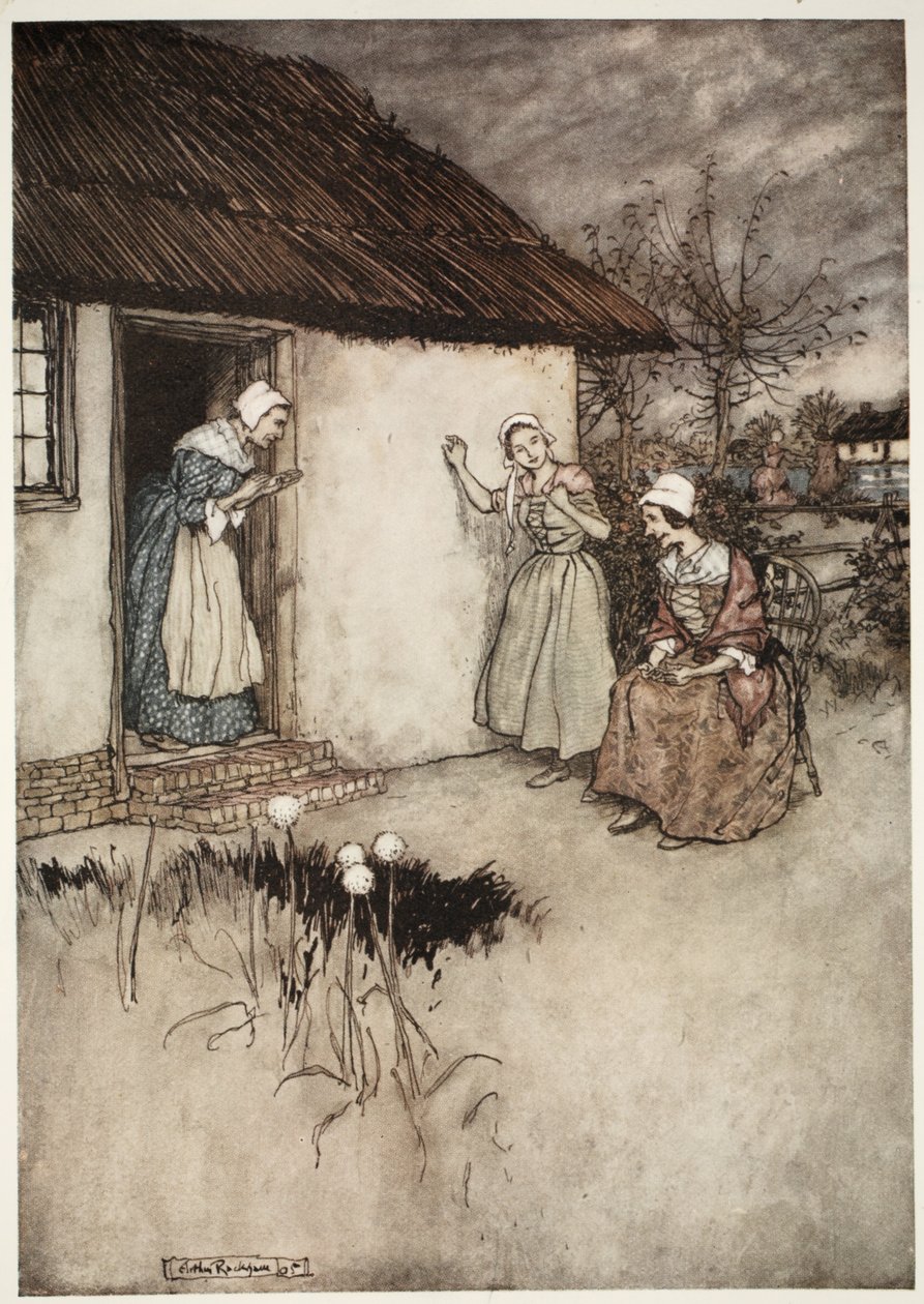 The good wives of the village never failed, in their evening gossipings to lay all the blame on Dame Van Winkle, from Rip Van Winkle by Washington Irving by Arthur Rackham