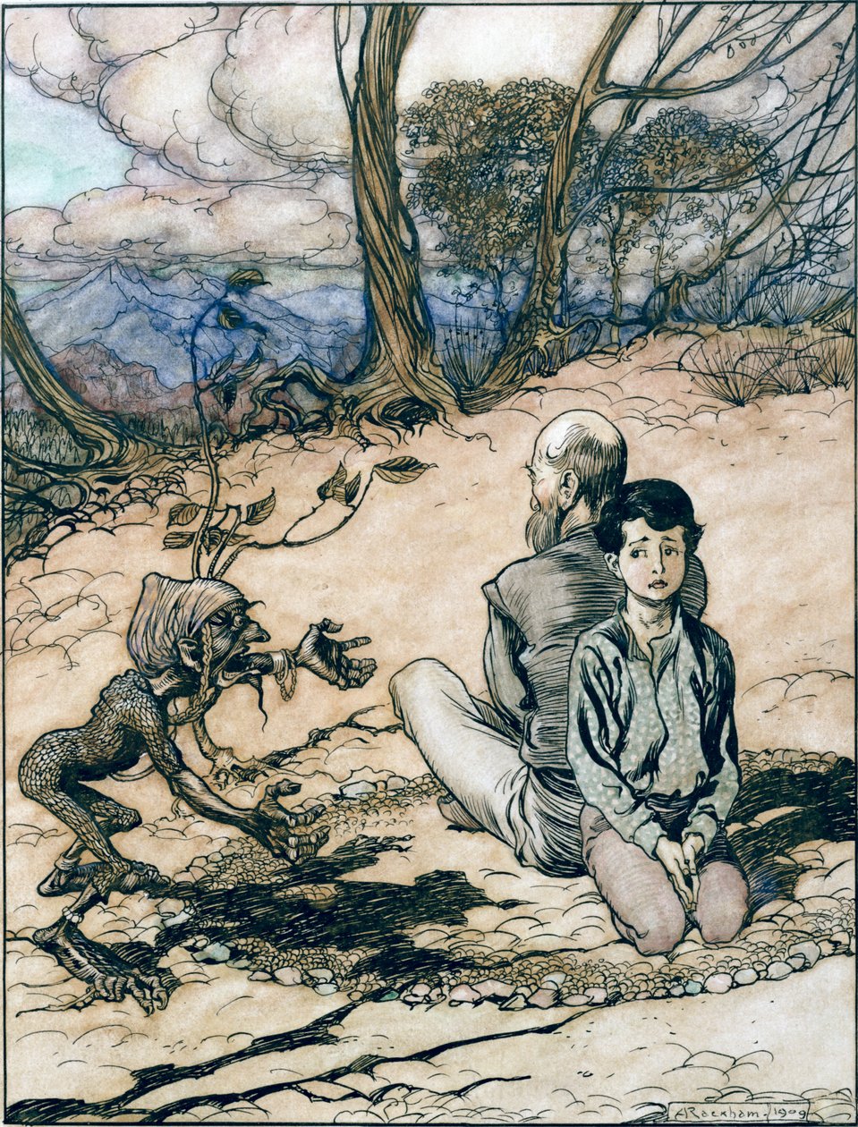 The son made a circle, and his father and he took places within it, and the little black mannikin appeared, illustration from The King of the Golden Mountain in The Fairy Tales of the Brothers Grimm by Arthur Rackham