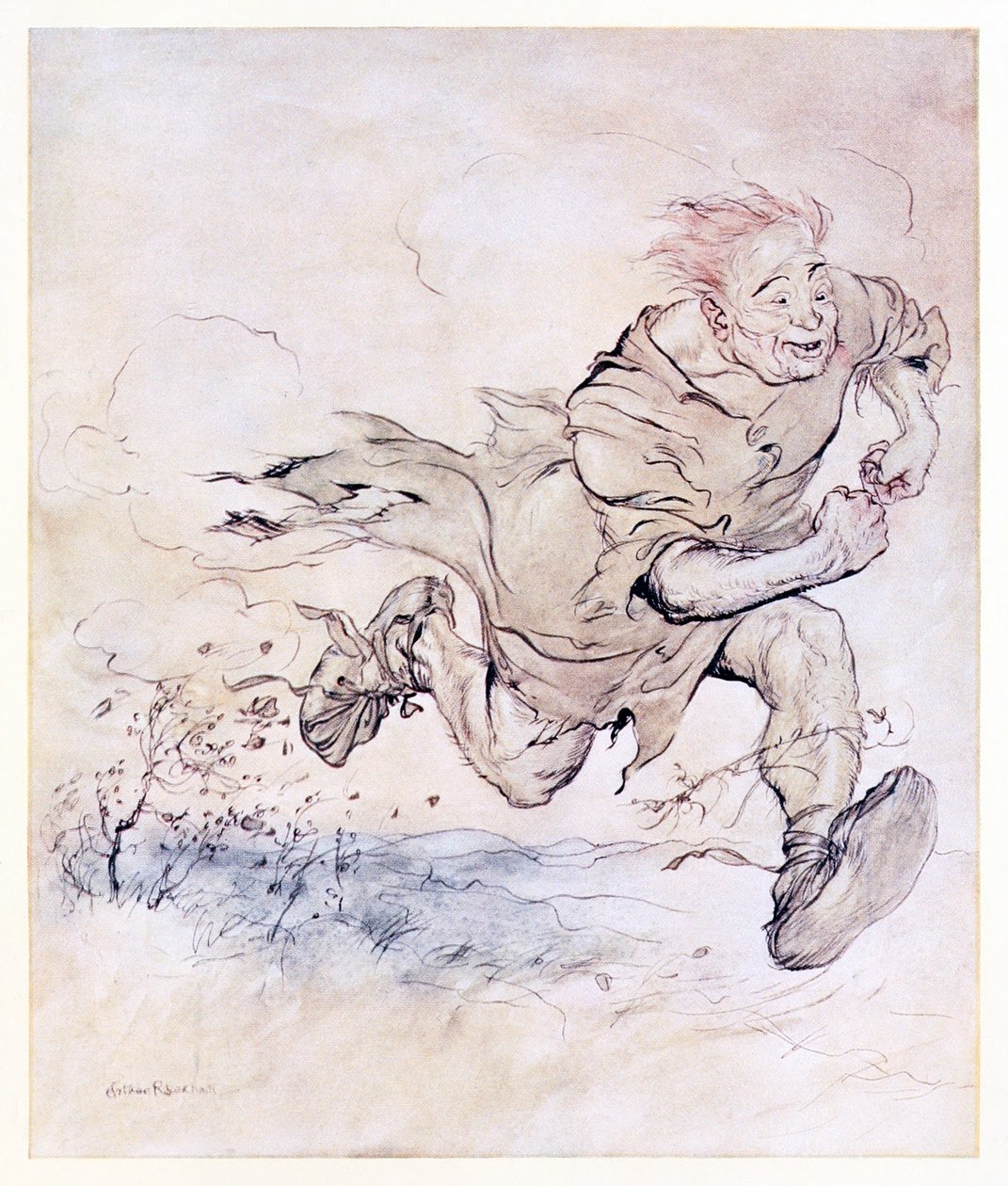 The thumping of his big boots grew as continuous as the pattering of hailstones on a roof, and the wind of his passage blew trees down. from The Carl of the Drab Coat in Irish Fairy Tales by Arthur Rackham
