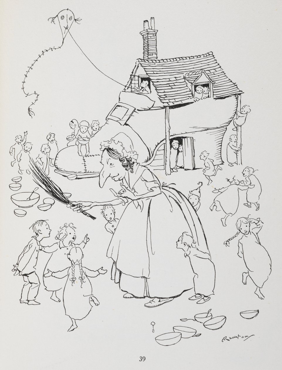 There was an old lady who lived in a shoe. Woman with a shoe-house and lots of children by Arthur Rackham