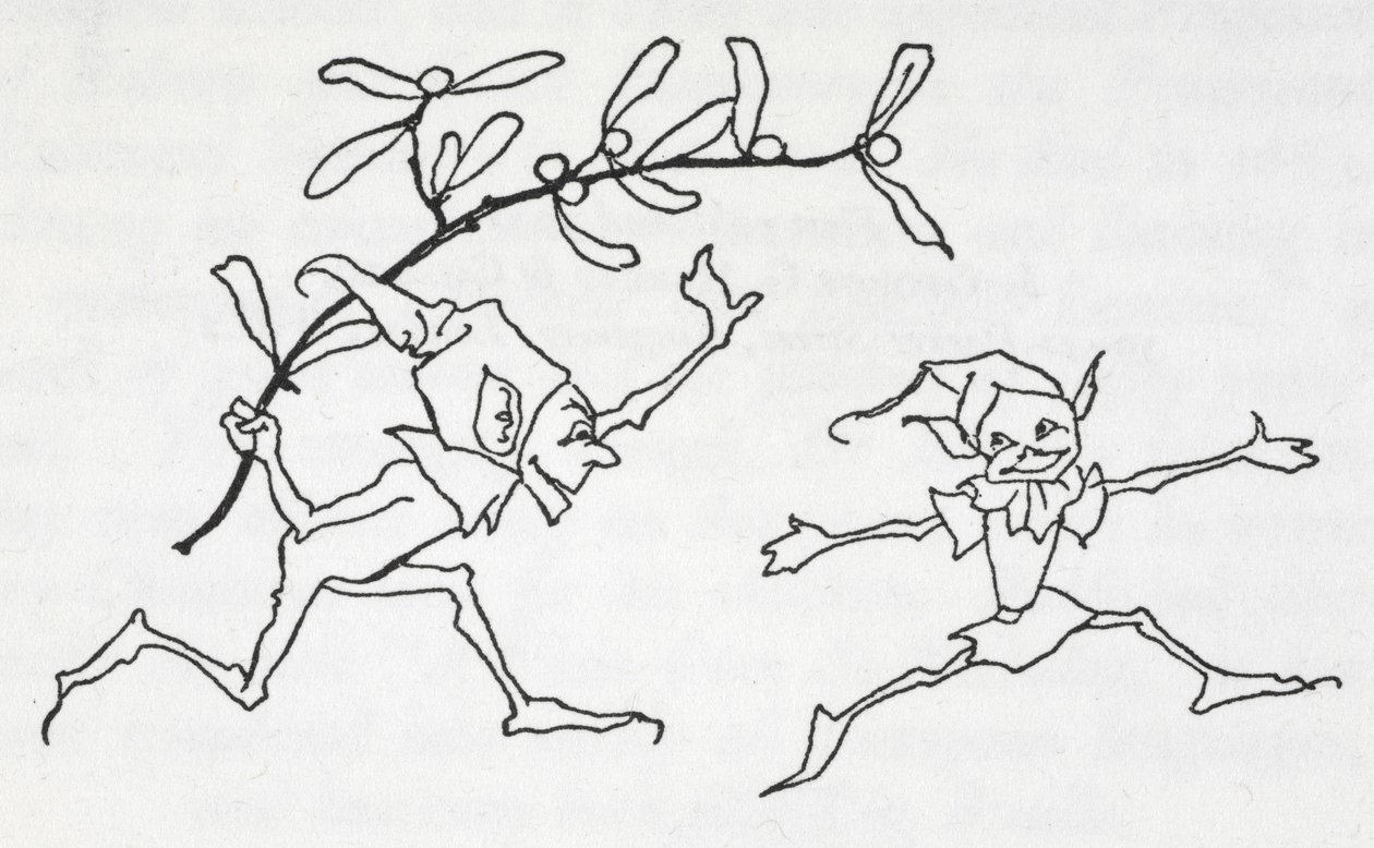 Two Elves Playing, One Carrying a Sprig of Mistletoe by Arthur Rackham