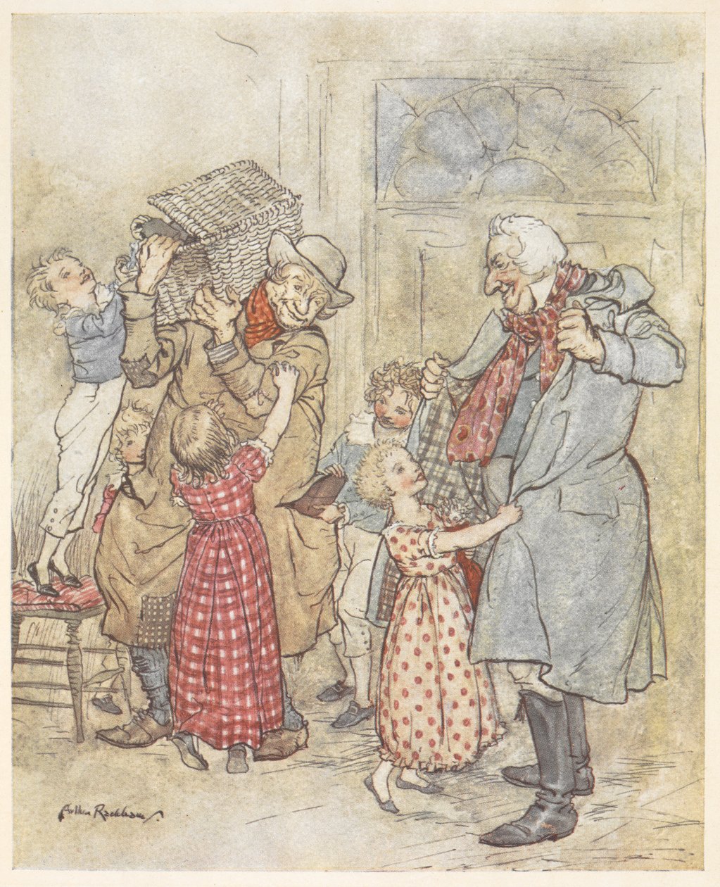 Young children helping two older men with their coats as they enter a ...