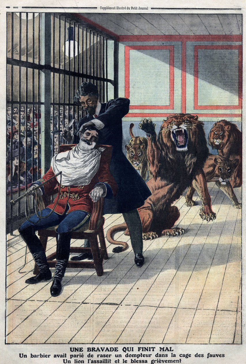 A bravado that ends badly: a barber who bet to shave a tamer in the cage of the beasts by Artist Unknown
