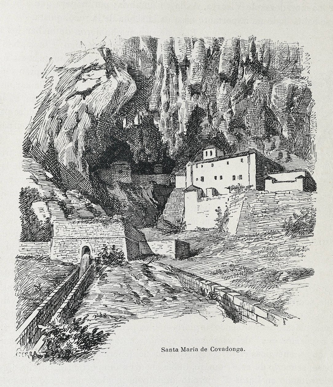 Covadonga. Hermitage of Santa Maria. Engraving. Spain. Aragon. Zaragoza. General Military Academy by Artist Unknown