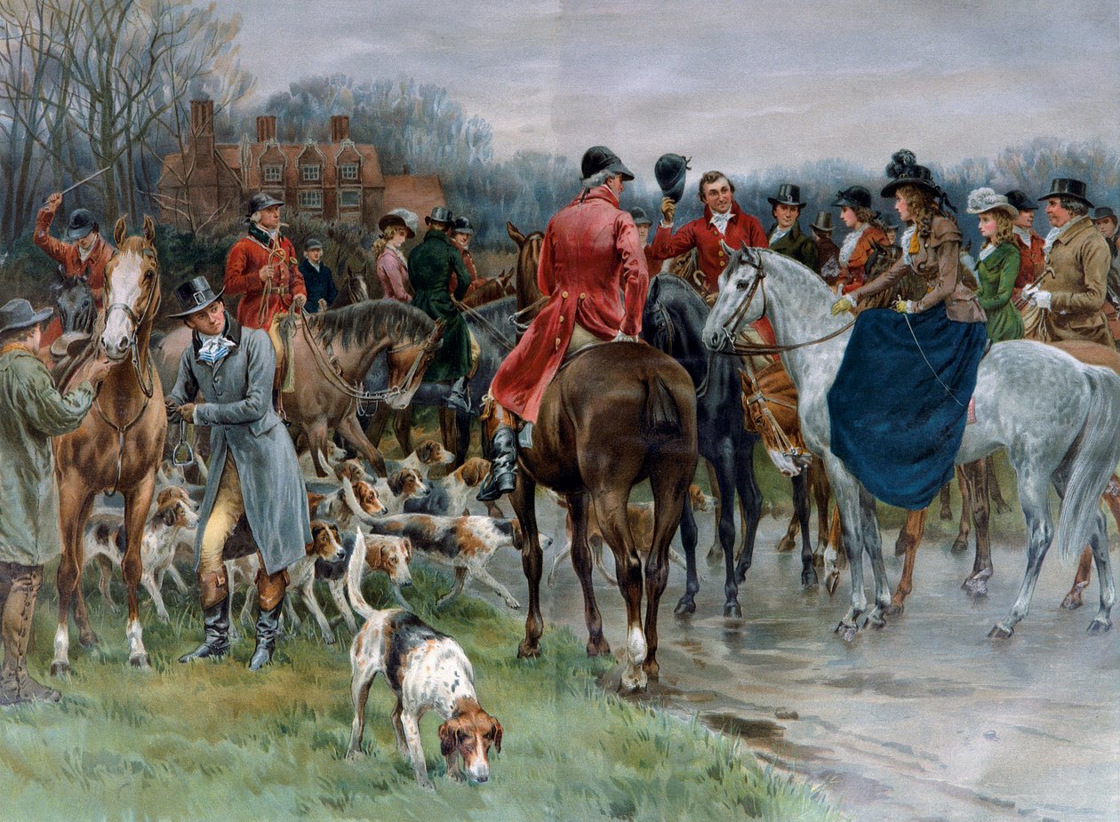 Hunting in England: Man in Hunting Costumes and Women Riding Amazon Horses Gather Before Going Hunting by Artist Unknown