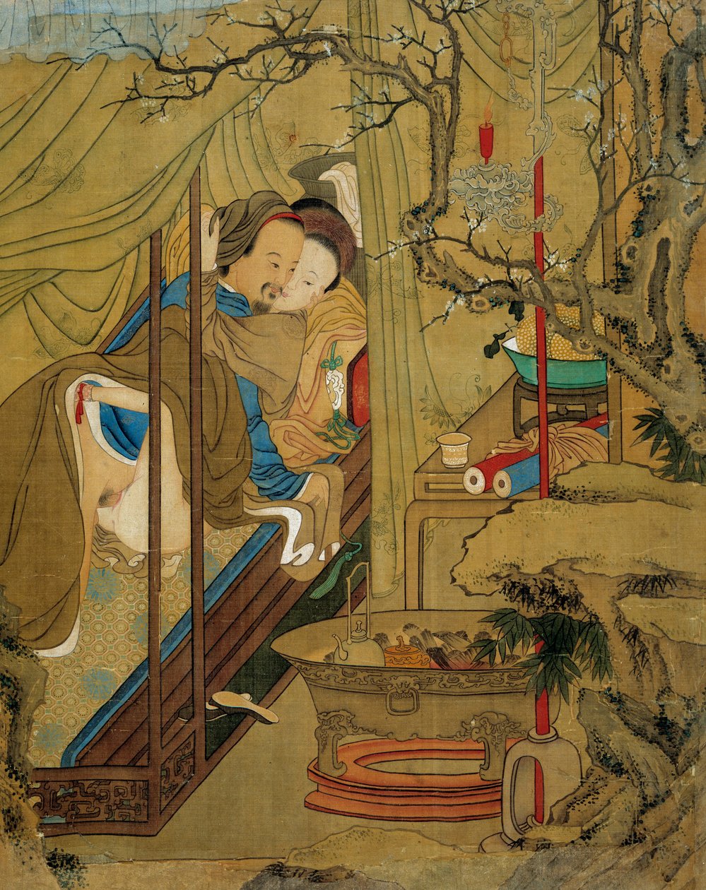 Erotic scene. A couple during the act of love in a bed by Asian School