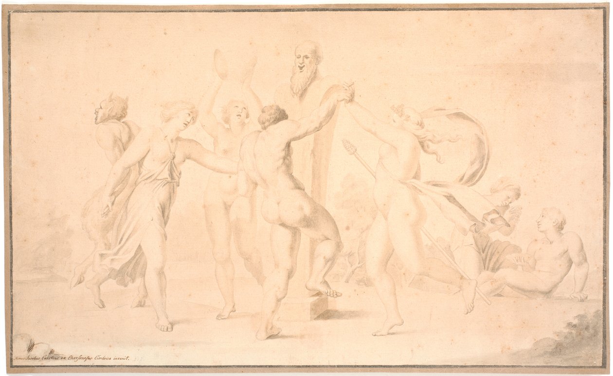 Bacchanal. A satyr, a bacchant, and three bacchantes dance around Priapus herm by Asmus Jacob Carstens