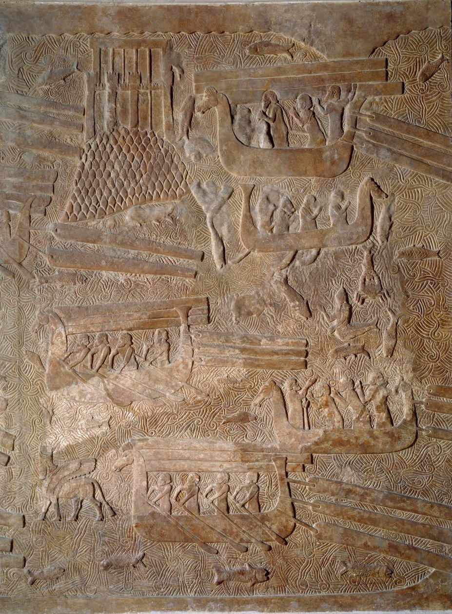 Art Mesopotamia (Assyria): courtyard of the palace of the king of Assyria Sargon II (721 - 705 BC) transport of cedar wood from Lebanon by Assyrian