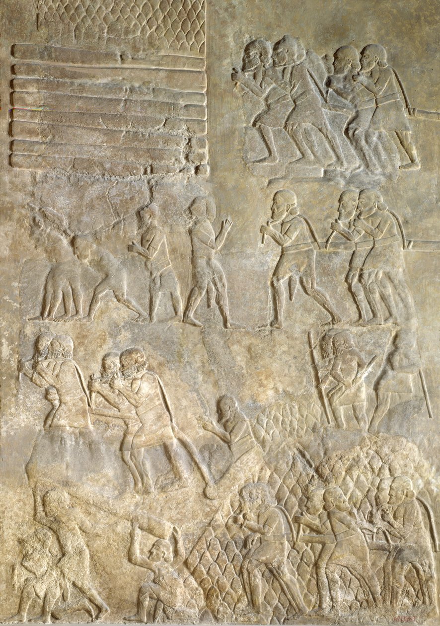 Relief depicting porters bringing wood to the coast for transportation by sea from the Palace of Sargon II, Khorsabad, Iraq by Assyrian